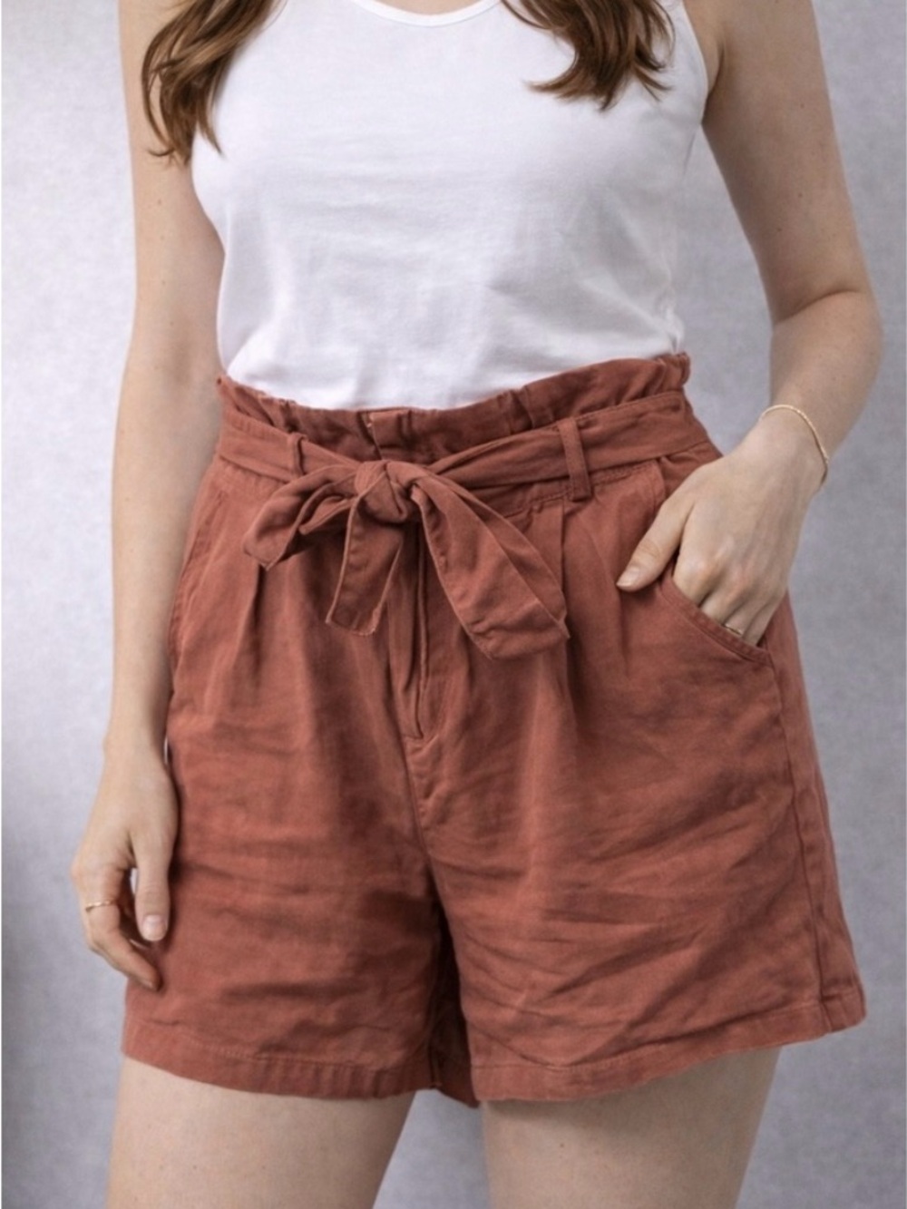 Vero Moda Paperbag Shorts Womens Large Terracotta High Waist Tie Belt Pleated